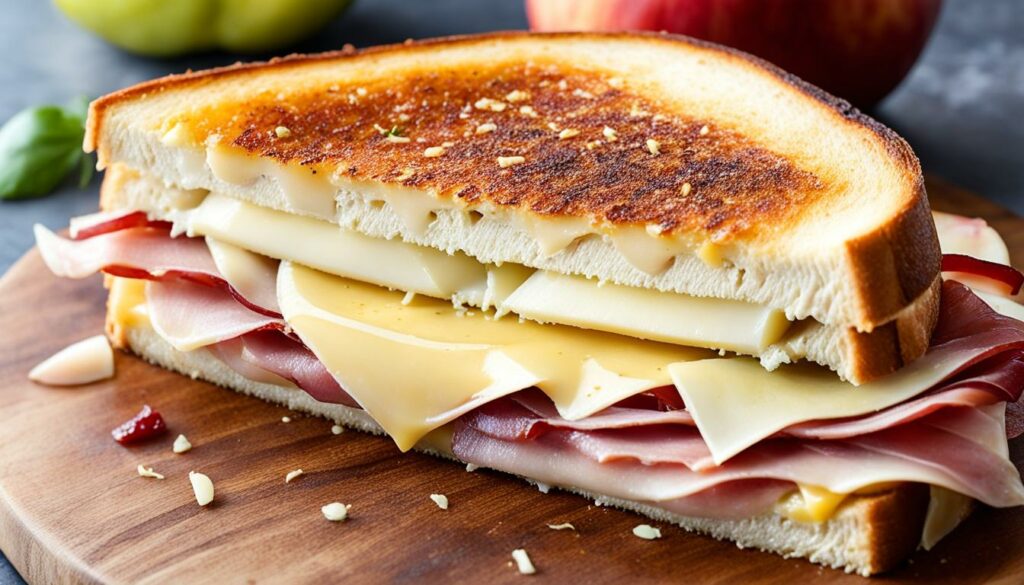 Gouda cheese, apple slices, and prosciutto in a grilled cheese sandwich