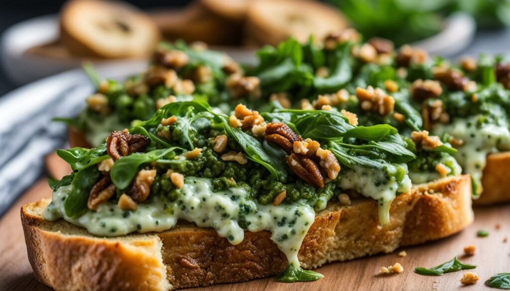 Walnut Arugula Pesto Crostini with Blue Cheese