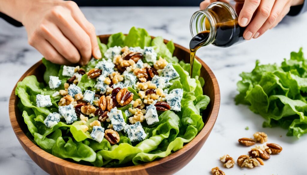 assembling the blue cheese and walnut salad