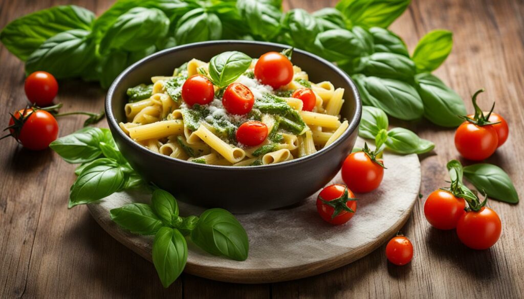 cheesy pesto pasta with garlic and tomatoes