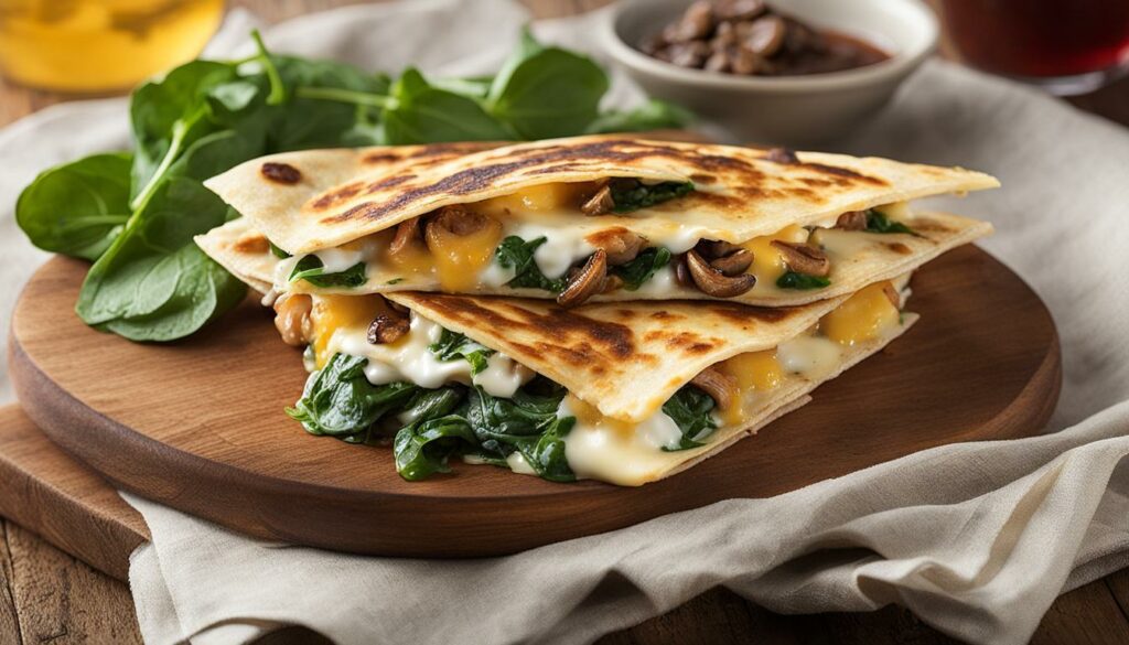 cheesy quesadilla with spinach and mushrooms