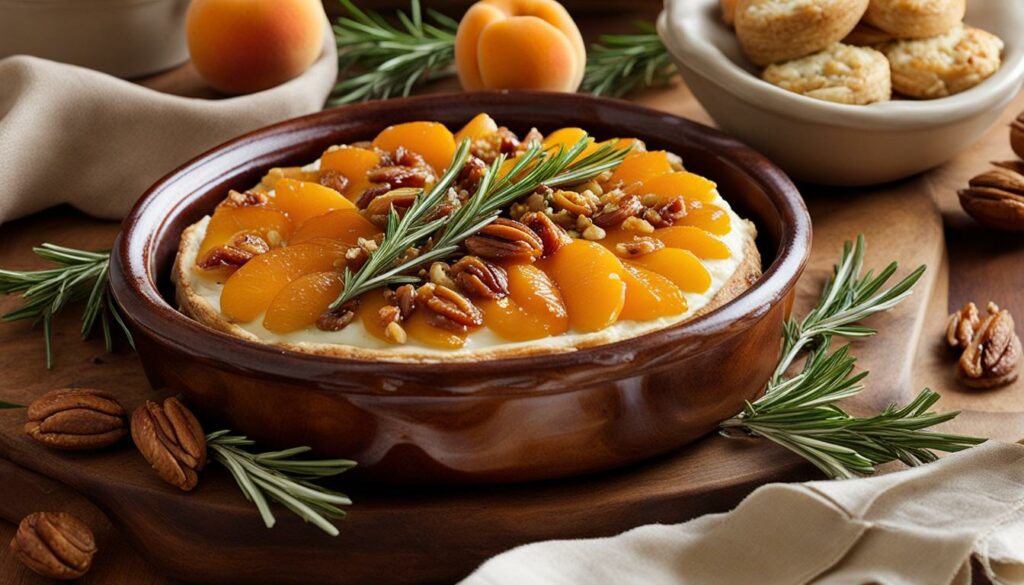 apricot and rosemary baked brie with walnut topping