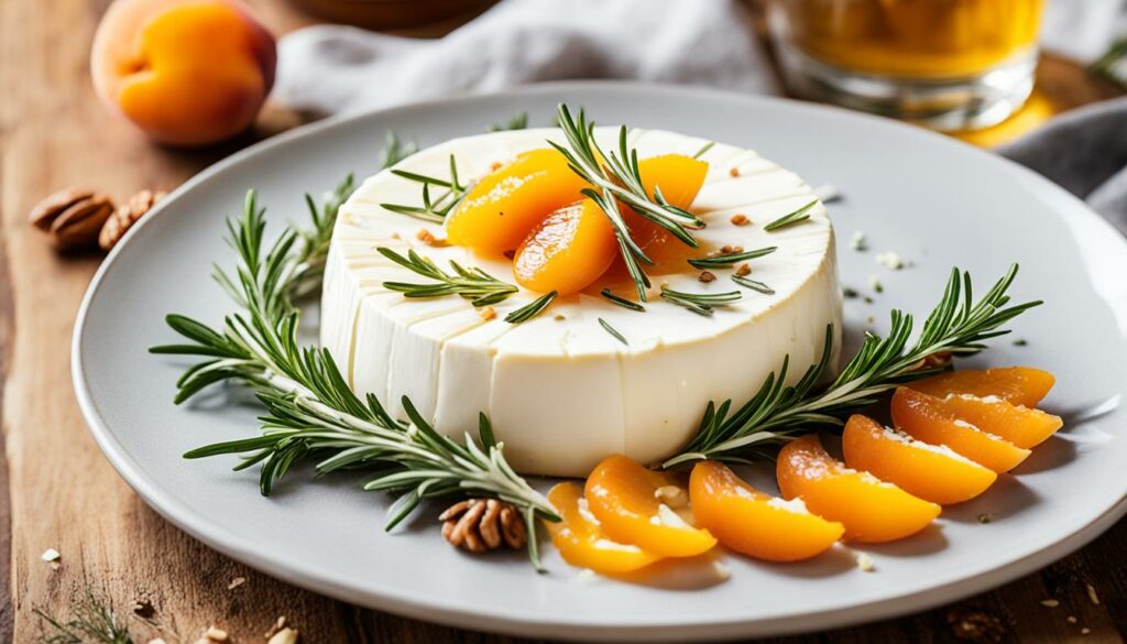 apricot and rosemary baked brie with walnut topping