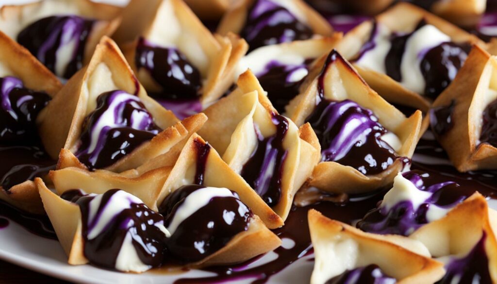 blueberry and cream cheese wontons with chocolate drizzle