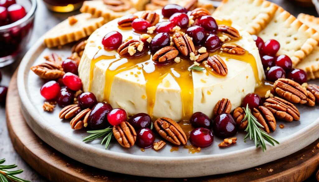 cranberry and pecan baked brie with honey drizzle