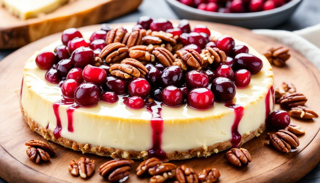 cranberry pecan baked brie with honey drizzle
