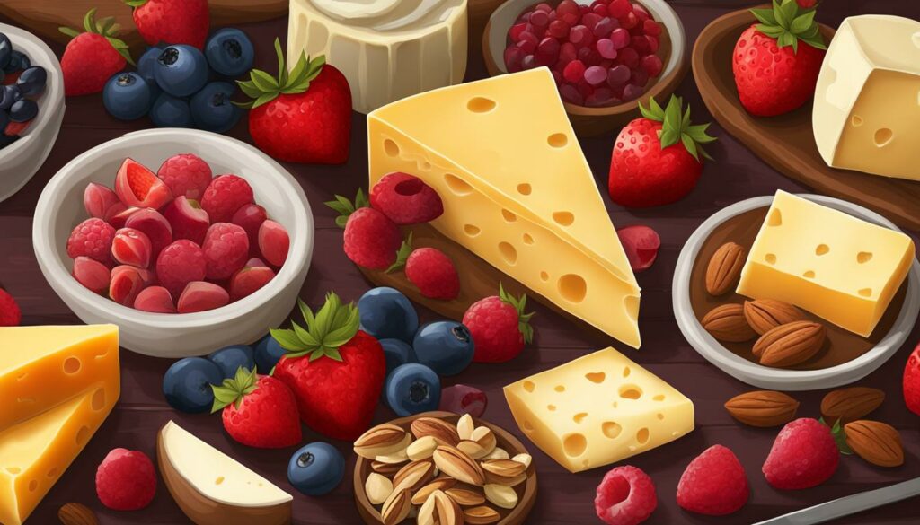 fruits and nuts for valentine's day cheese board