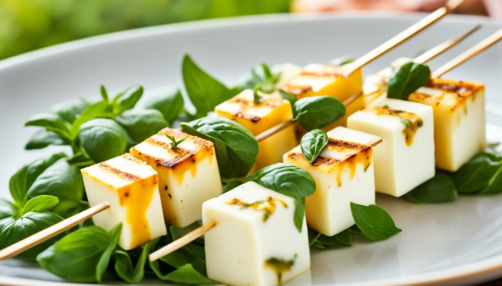 miso and ginger marinated mozzarella skewers