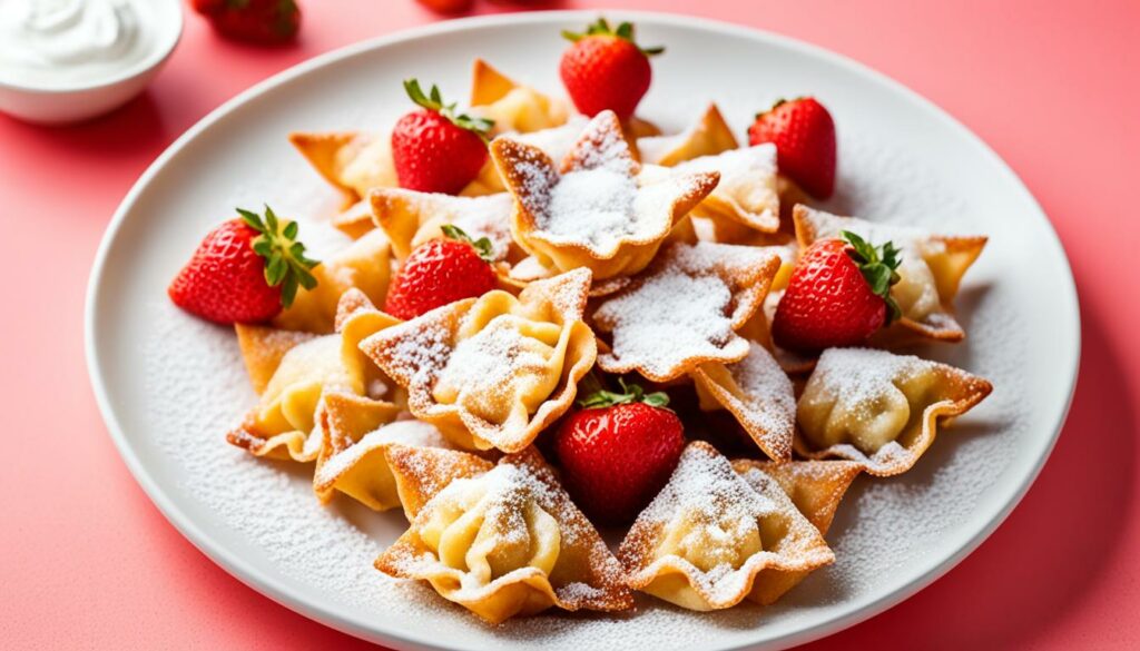 strawberry and cream cheese wontons with powdered sugar